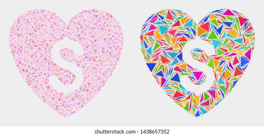 Love price collage icon of triangle elements which have variable sizes and shapes and colors. Geometric abstract vector design concept of love price.