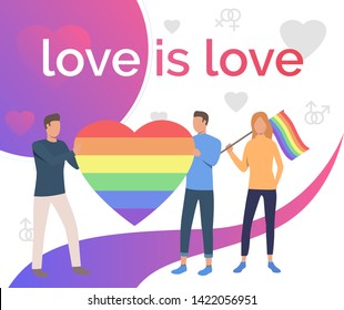 Love is Love pride flyer design. Men and woman holding rainbow heart and flag. LGBTQ pride concept. Vector illustration can be used for topics like diversity, LGBT community, homosexuality