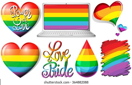 Love and pride with hearts and rainbow objects illustration