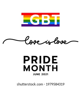 love is love Pride Month at June 2021 LGBT  Symbols with LGBT pride flag or Rainbow colors. LGBT designs isolated on white background, Vector illustration EPS 10