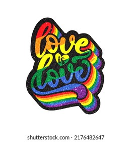 Liebe ist Liebe Pride Monat Regenbogen Flag Typografie. LGBTQ Pride Month Banner mit LGBT Flag Farben.