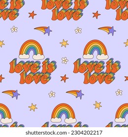 Love is love - Pride Month seamless pattern with Rainbow text in LGBTQ community flag colors. Colorful 70s style vector repeat.