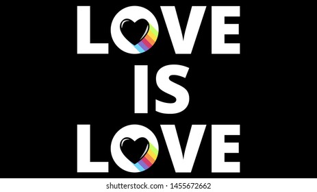 Love is Love Pride rainbow text symbol. Pride month celebration isolated on black background.