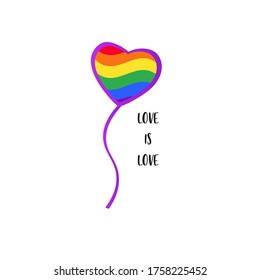 Love is Love. Pride slogan. Gay rights concept. Hand lettering on bright watercolor rainbow heart, homosexuality emblem. Banner, poster, placard, invitation card typographic design
