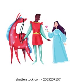 Love of Prince and Princess on a red horse in hearts.