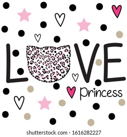 love princess text with cat head with leopard pattern, T-shirt graphics design for girls