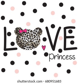 love princess text with teddy bear head, bedding pattern for kids, T-shirt design for girls, love card vector illustration