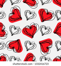 Love print. Abstract seamless pattern with hatched hearts on a gray background.