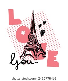 Love print with Eiffel tower illustration on dots background. Paris T shirt design. 14 February card