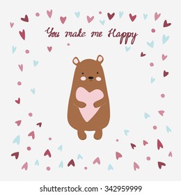 Love printable with cute bear holding heart. You make me happy printable with cute bear 