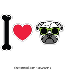 I love pug  with green hipster glasses sticker style 
