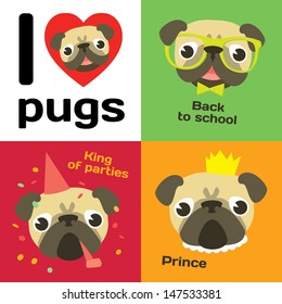 I love pugs. Funny pugs in different situation: pug's party, pug-prince, pug-schoolboy