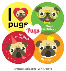 I love pugs. Funny pugs in different situation: pug's party, pug-prince, pug-schoolboy