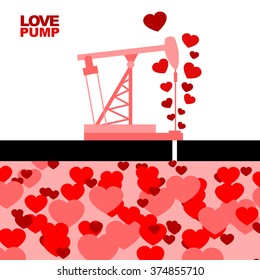 Love pump. Extraction of love. Oil rig rocking love from under ground. Large stocks of deep love. Red and pink hearts. Element for Valentines day