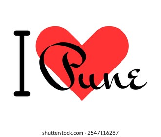 I love Pune, city of India. Hand drawn letters with red heart. Vector illustration lettering, modern design for print t shirt, banner, poster, sticker or label.