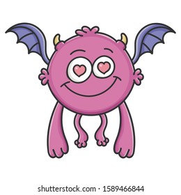 In love purple flying cartoon bat monster isolated on white