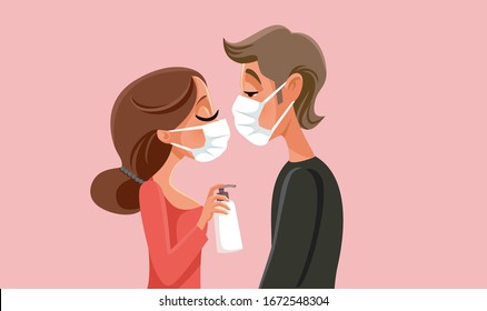 Love In Quarantine Pandemic Times Vector Illustration. Couple Kissing And Using Surgical Masks And Hand Sanitizer 
