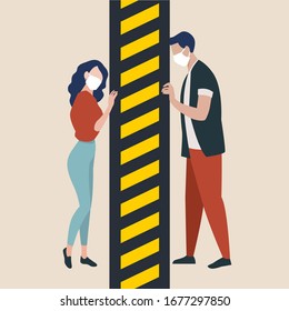 Love in quarantine times flat vector illustration. Man and girl separated by security concept. Couple in protective medical masks. Danger of the virus, quarantine, warning and attention.
