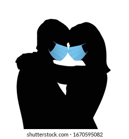 Love in quarantine times. Man and girl. Couple kisses in protective medical masks. VECTOR illustration.