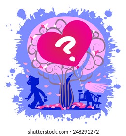 Love question - looking for love -  illustration.Vector silhouettes. Romantic couple, heart as balloon and question symbol. On paint blue blot background.For Valentine day or dating site.