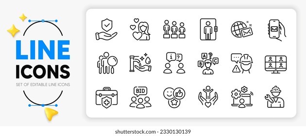 Love, Quiz test and Elevator line icons set for app include Equality, Auction, Medical insurance outline thin icon. Mail app, Search people, Insurance hand pictogram icon. Vector