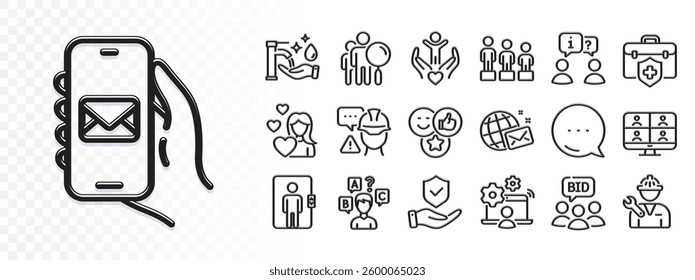 Love, Quiz test and Elevator line icons for web app. Glare of light effect. Message icon. Pack of Equality, Auction, Medical insurance pictogram icons. Vector