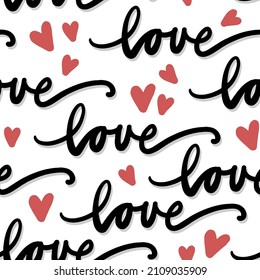 love quote black hand drawn calligraphic text in horizontal rows with messy heart shapes romantic lovely vector seamless pattern isolated on white background