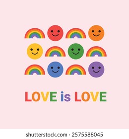 Love is love quote illustration. The colors of the rainbow represent the diversity of people and their love. Happy smiley faces with rainbows. Vector clip art.