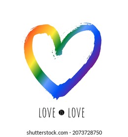 Love is love quote. LGBT community rainbow heart isolated on white background. Pride month banner, poster, placard. Vector illustration