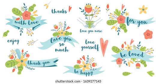 Love quote vector Floral ribbon set phrases love story Romantic valentines day quotes