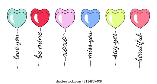 Love quotes with candy hearts SET. Celebration sweet balloons for Valentines Day, wedding, betrothal. Perfect for banner, poster, card. Vector Illustration