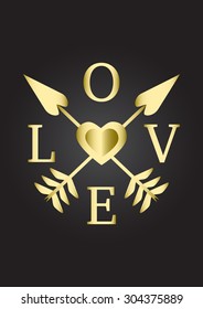 Love quotes card Gold heart and gold arrows vector illustration Valentine day celebration Fun heart and crossed arrows symbol Inspirational word Romantic love concept Great for poster or greeting card