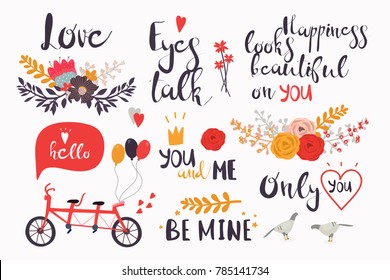 Love quotes and decorative elements. Hand drawn Valentine's day vector collection