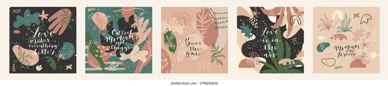 Love quotes. Edtable artistic templates for social media marketing, phone screen proportions. Fluid organic shapes in muted earthy matte colors. Hand drawn elements. Vector EPS10 illustration