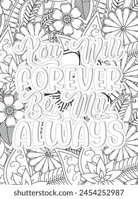 Love quotes Flower Coloring Page Beautiful black and white illustration for adult coloring book
