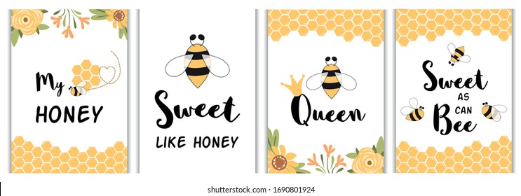 Love quotes poster Funny phrases set. Yellow honey bee cards, prints. Sweet honey love messages for baby Vector