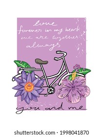 Citas de amor, flores moradas y dibujos románticos en bicicleta sobre morado. Diseño de ilustración vectorial. Para gráficos de moda, estampados de camisetas, carteles, plantillas, etc.