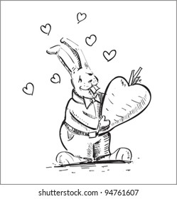 In love rabbit holding heart shaped carrot sketch illustration