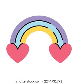 Love rainbow between hearts icon isolated on white. Vector flat cartoon illustration for Valentine's day. Cute graphics.  
