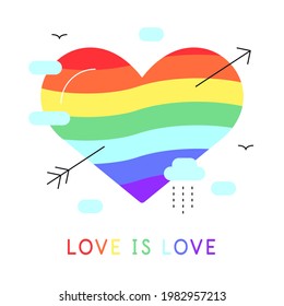 El amor es amor. Corazón de color arcoiris con flecha. LGTB amigable. Ilustración vectorial moderna.