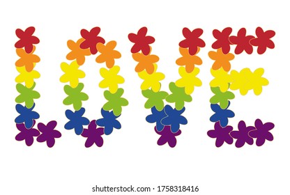  Love. Rainbow flowers word. Pride symbol Vector illustration. Isolated on a white background