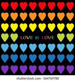 Love is love. Rainbow heart set. Seamless Pattern. Wrapping paper, textile template. Lgbt sign symbol. Gay flag color. Black background. Isolated. Flat design. Vector illustration