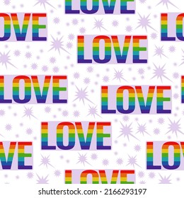 Love rainbow inscription seamless pattern, letters and small stars on a white background vector illustration