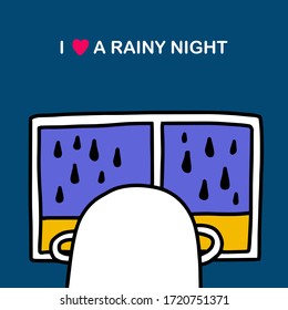 I love rainy night hand drawn vector illustration in cartoon comic style man looks outside weather forecast