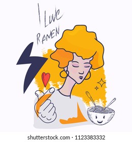 I love Ramen mural styled vector illustration: Otaku girl, cute Ramen bowl and heart symbol.