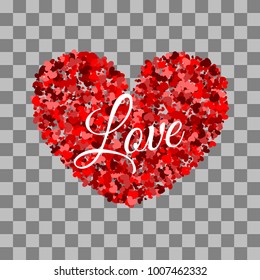 Love random falling paper confetti. Shimmer hearts. Frame decoration design Valentine holiday. Origami decoration. Greeting text. Shape red heart. Vector illustration Valentines Day background.