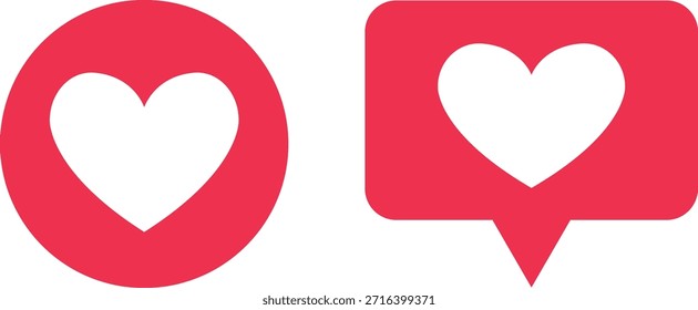 Ícones de reação de amor definidos. Ícones cardíacos das mídias sociais para notificações de gostos e amores. Símbolo de Amor Vermelho em Círculo e Quadro de Bolha de Fala para Interface de Aplicativo e Engajamento Digital.