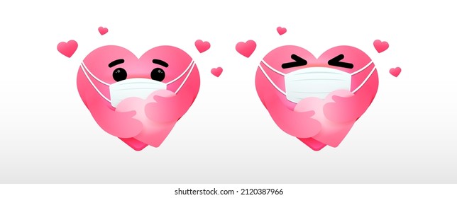 Love reaction emoji wearing face masks. Emoticon face embracing the heart to show care during the COVID-19 and PM2.5 pandemic. Heart with face masks emoticon. Protection symbol.