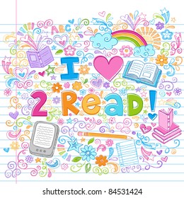 I Love to Read Books and E-Books Hand-Drawn Sketchy Notebook Doodles on Lined Sketchbook Paper Background- Doodle Design Elements Vector Illustration