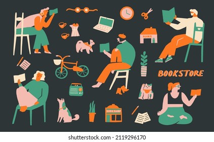 Love read books illustration in vector. People are sitting comfy at the bookshop, library or at home and read.